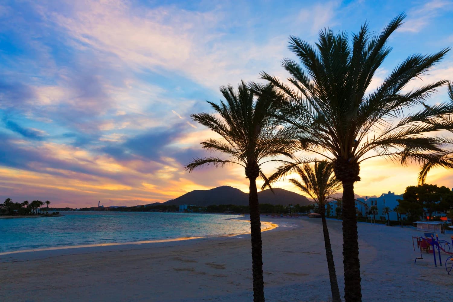 mallorca alcúdia strand naplemente fehér homok pálmafák