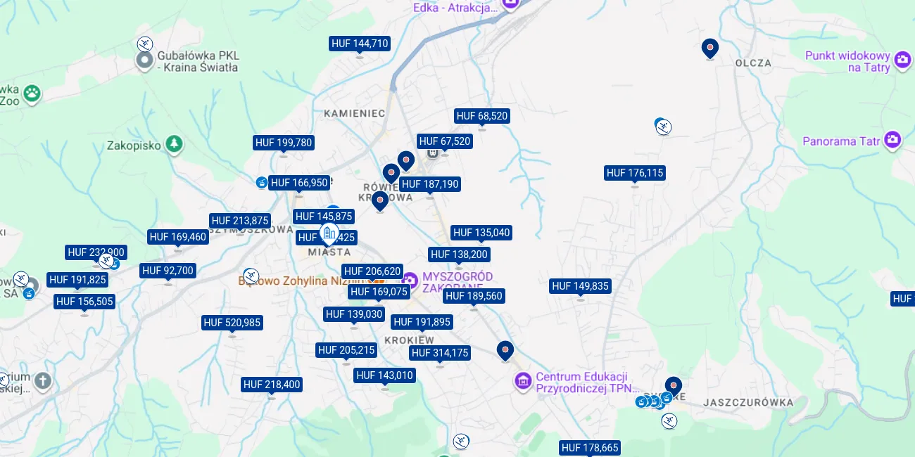 zakopane szállás térkép árakkal